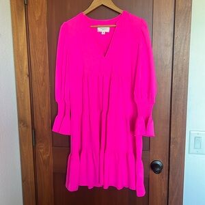 Pomander brand bought on Tuckernuck. Gorgeous bright pink ruched sleeves.